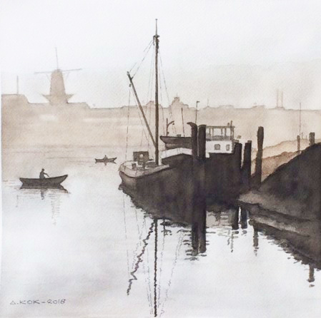 Haven in Dordrecht, Zwart Wit, Aquarel