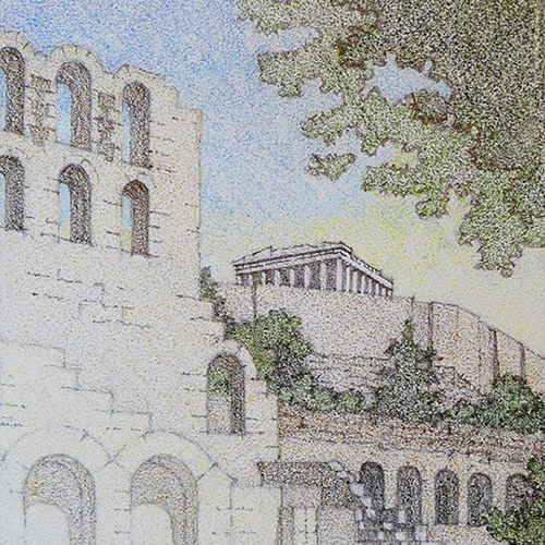 Zicht op de Akropolis, Athene, Griekenland, Tekening