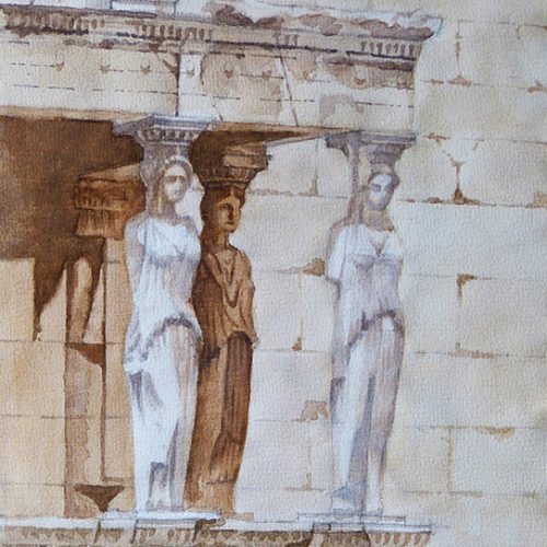 De kariatiden van het Erechtheion, Akropolis, Griekenland, Aquarel